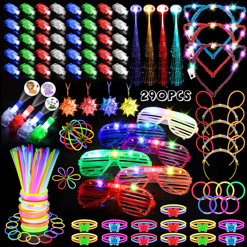 JOJUJB 290PCS Glow in the Dark Party Supplies for Kids AdultsLight Up Party Favors with Light Up Toy Glasses100 Glow Sticks Bulk Party Pack DIY Glow NecklacesBracelets