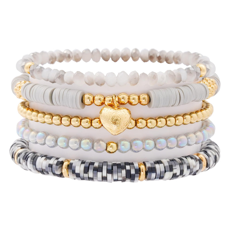 RISHEGAE Heishi Beaded Stretch Bracelets for Women Stackable Gold Polymer Clay Beads Bracelets Friendship Boho Summer Beach Bracelets Jewelry Set (E-Gray Heart)