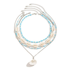 COLORFUL BLING Bohemian Puka Shell Necklace Layered Sequins Starfish Conch Seashell Choker Necklaces for Women Summer Beach Holiday Beach Surfer Jewelry-blue bead