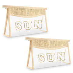 Iqimott 2Pcs Preppy Patch Sun Bag Makeup Letter Bag Boho Letter Sun Bag for Beach Swim Waterproof Zipper Make up Bag Toiletry Pouch for Women Girls Clear Letter Transparent Pouch for Travel(Sun)
