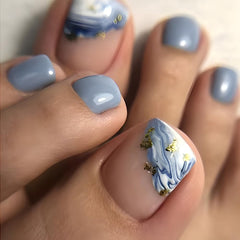 Short Press on Toenails Square Summer Beach French Tip Toenails Press ons Blue Wave False Toe Nails with Glitter Designs Blue Full Cover Glue on Toenails Real Short Acrylic Stick on Toenails for Women