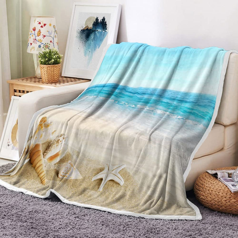 JAWO Beach Throw Blanket Blue Ocean Beach Decor Travel Blanket Cozy Microfiber Warm Flannel Blankets and Throws for Couch Sofa Bedding Living Room 60x80 Inches