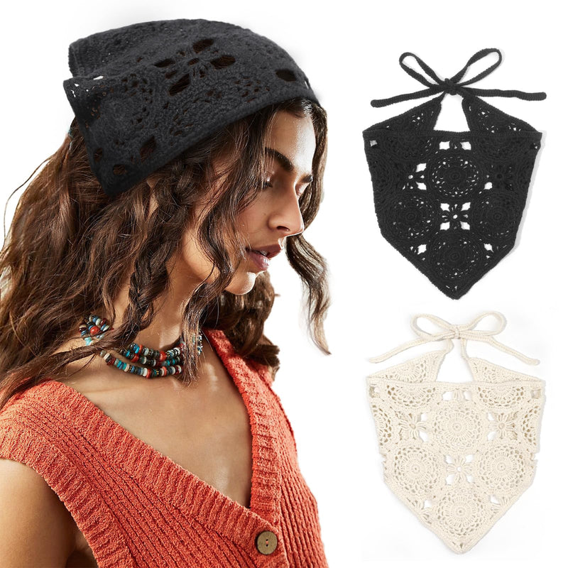 DRESHOW Floral Crochet Hair Bandana 2 PCS Tie Knotted Headscarf Vintage Headband Knitted Head Kerchief for Women & Girls