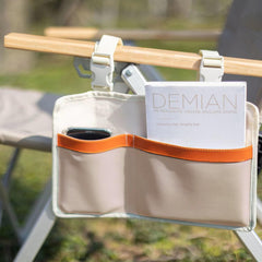 White Camping Armrest Storage Bag Lawn Chair Bag with Two Leather Pockets Extended Back Buckle Canvas Beach Chair Storage Bag Side Hanging Bag for Beach Chair/Fold up Chair