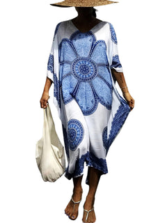 Life Kaftan Dresses for Women Plus Size Summer Beach Dress with Print and Swim Cover Ups Blue Flower