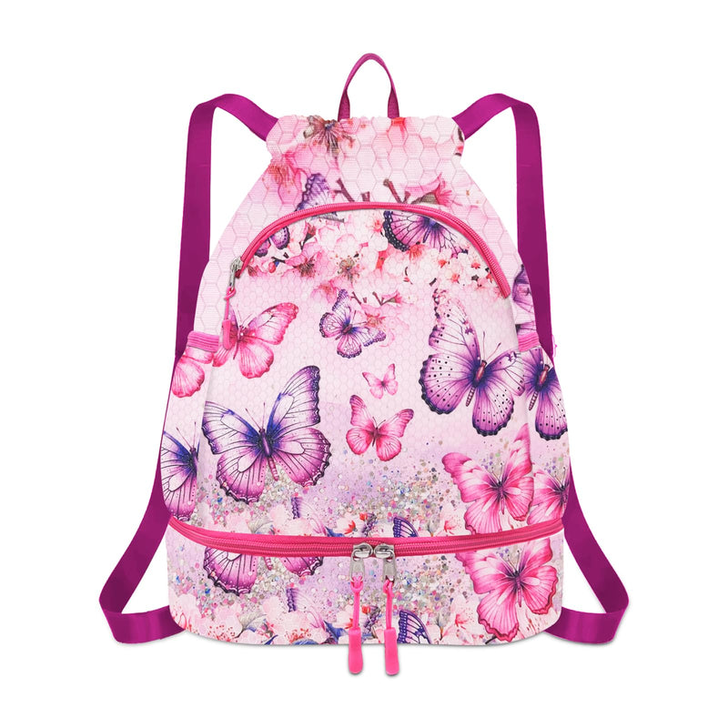RLGPBON Drawstring Backpack for KidsYouth Gym Dance Beach Swim Travel Bag for Girls and Boys with Two Water Bottle Holders