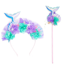 Colorful Mermaid Tail Headband with Starfish Wand for Kids