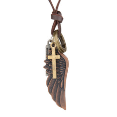 Engraved Retro Leather Necklace with Angel Wings & Feathers