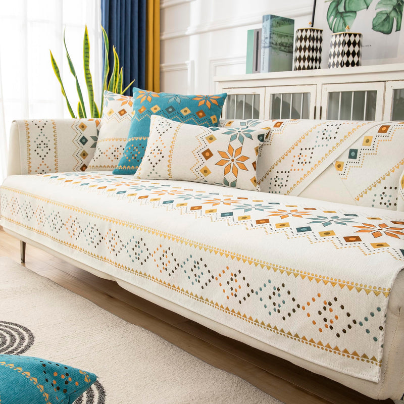 Rosygulls Boho Chenille Couch CoversGeometric Couch Covers for SofaChenille Couch Cover Non SlipSectional l Shaped Sofa Furniture Protector Cover for Home DecorOff-White_3 Seat 43x82in/110x210cm