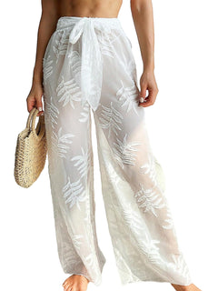 COZYEASE Womens Beach Cover Up Pants Mesh Tie Front Wide Leg Loose Bathing Suit Cover Up Beach Pants White Solid XL