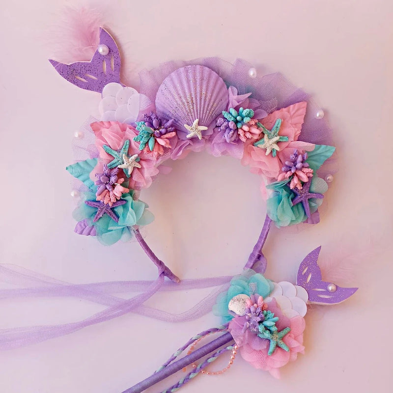 Colorful Mermaid Tail Headband with Starfish Wand for Kids