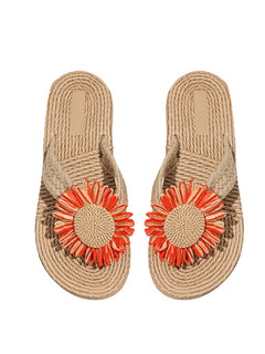 SHENHE Womens Flower Decor Summer Linen Flip Flops Beach Vacation Flat Sandals Orange Flowers Khaki 8.5