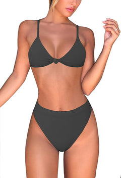 geluboao Two Piece High Cut Bathing Suits for Women Cheeky High Waisted Bikini Sexy V Neck Knot Front Push Up High Waisted Swimsuits Black L