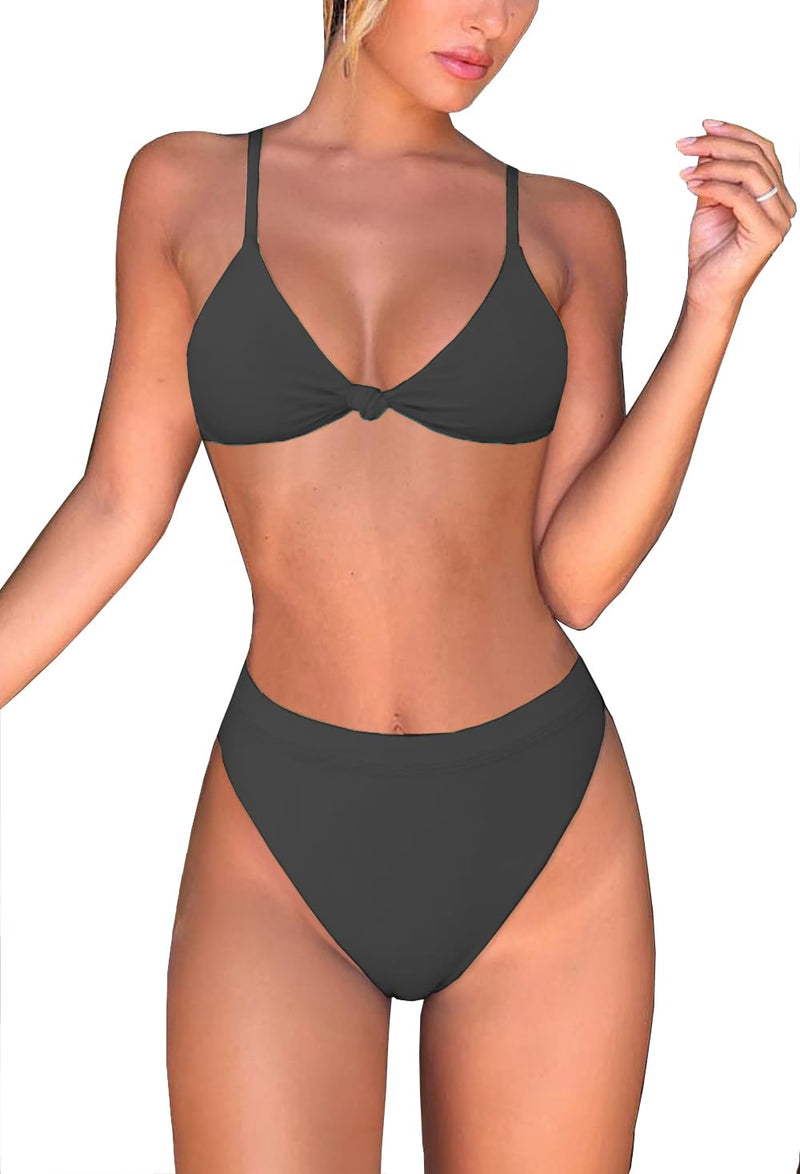geluboao Two Piece High Cut Bathing Suits for Women Cheeky High Waisted Bikini Sexy V Neck Knot Front Push Up High Waisted Swimsuits Black L