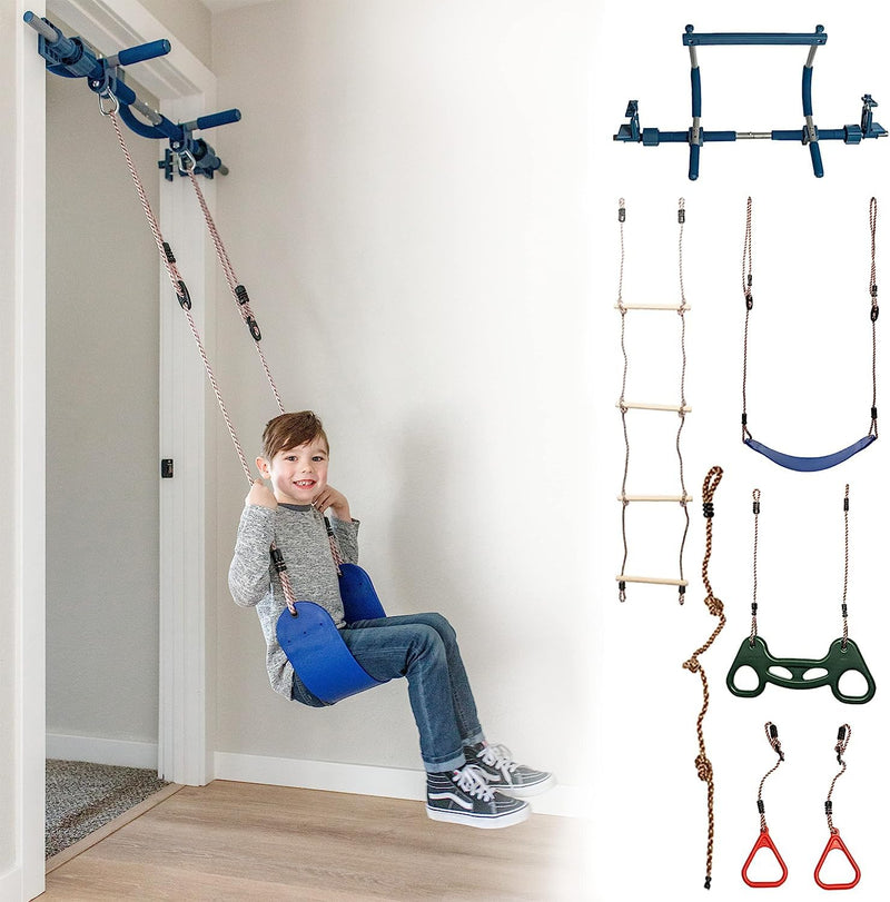 Gym1 6-Piece Doorway Gym for Kids - Includes Door Sensory Swing Indoor Pull-Up Bar for Adults Rings Hanging Trapeze Ladder & Knotted Rope Holds Up to 300 Lbs - Pull Up Bar for Doorway