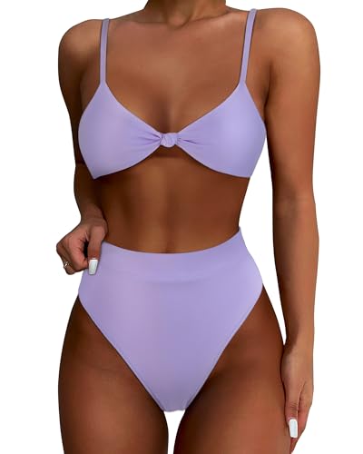 SUUKSESS Women Sexy High Waisted Bikini Sets Cheeky High Cut Triangle 2 Piece Swimsuits Push Up Bathing Suits (Light PurpleL)