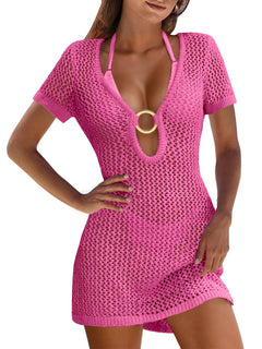 ANRABESS Women Beach Crochet Cover Ups Summer Knit Swimwear Short Sleeve Mesh Dress 2025 Vacation Bathing Suit Swimsuits Hot Pink Medium
