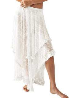 YKR Womens Lace Long Skirts Elastic Asymmetrical Layered Hem Sexy See-Through Flowy Skirts Floral Beach Maxi Skirt White S