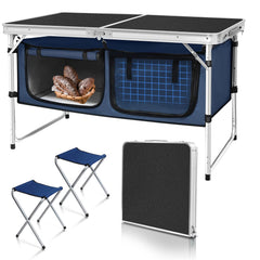 Folding Camping Table with Storage Compartment Aluminum Lightweight Camp Kitchen Table Height Adjustable Indoor/Outdoor Table Perfect for Tailgating Backyards BBQ Picnic (Black-Wide W/Stool)