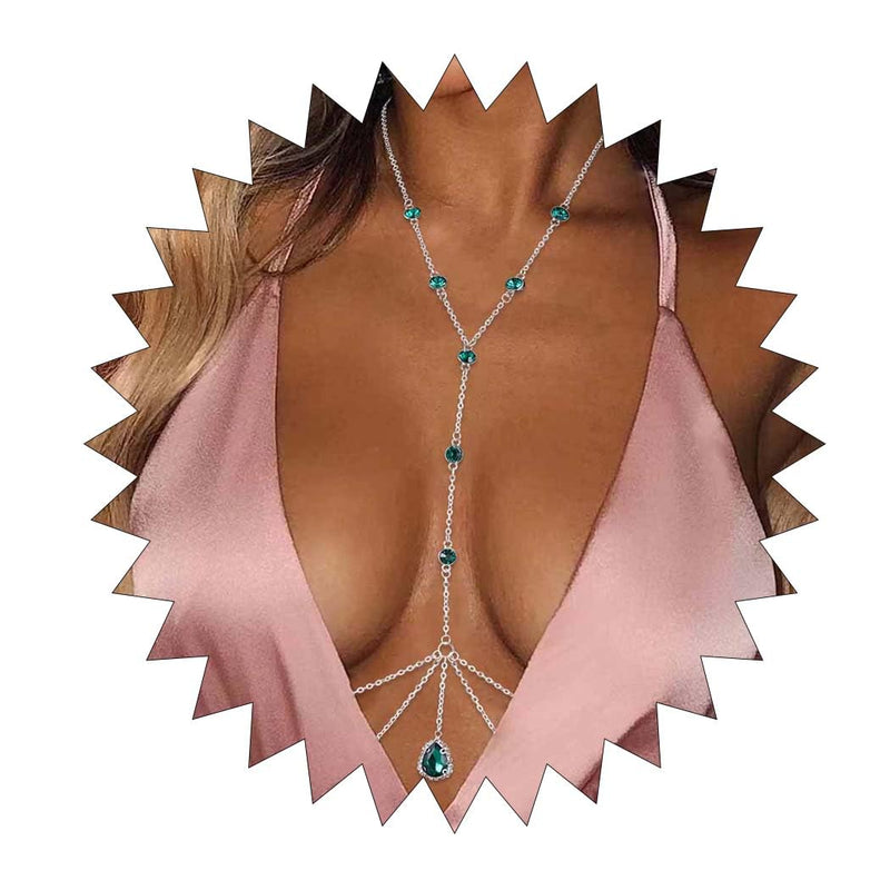 Obmyec Sparkle Rhinestone Body Jewelry Crystal Body Necklace Sexy Bikini Bra Body Chain Nightclub Rave Beach Waist Chain Accessories for Women (Sliver-2)