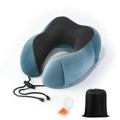 Memory Foam Travel Pillow with Earplugs & Storage Bag