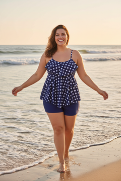 Blue Polka Dot Ruffle Tankini - Plus Size Beach
