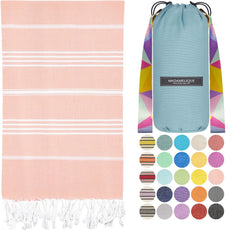 Madamelique Turkish Beach Towel with Beach Bag - 39 x 74 - Prewashed Beach Towels Oversized -%100Cotton - Quick Dry - Sand Free - Hand Loomed Turkish Bath Towels - Unique Turkish Towel (Blush)