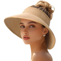 JYxingchi Sun Visor Hats for Women Straw Wide Brim Roll Up Foldable Beach Hat Summer UV Protection Ponytail Hat Pure Khaki