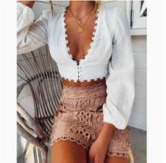 Deep V Long Sleeve Top with Floral Lace Trim