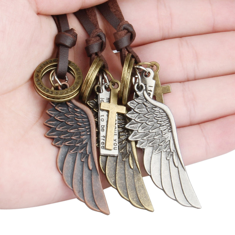 Engraved Retro Leather Necklace with Angel Wings & Feathers
