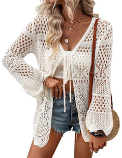 Women Lightweight Crochet Cardigans Tie Front Hollow Out Long Sleeve Knitted Cardigan Cover Up Beige