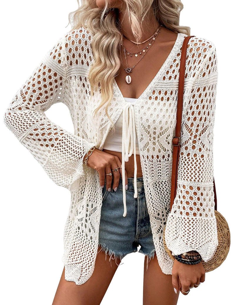 Women Lightweight Crochet Cardigans Tie Front Hollow Out Long Sleeve Knitted Cardigan Cover Up Beige