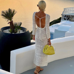 Backless Tie-Up Crochet Long Sleeve Dress