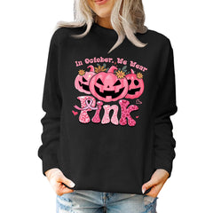 October We Wear Pink Sweatshirt Breast Cancer Halloween Sweathirt Pumpkin Long Sleeve Shirt B-Black XL