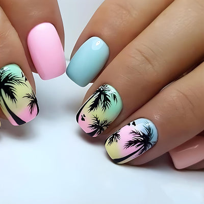 24Pcs Short Press on Nails Square Fake Nails Palm Tree Glue on Nails Blue Pink False Nails with Twilight Beach Designs Glossy Full Cover Acrylic Artificial Nails Summer Nails Press on for Women Girls