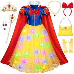 Kaisebile Light Up Princess Snow White Costume for Girls Dress Up - LED Light-Up Princess Snow White Dress with Accessories for Birthday Halloween Cosplay 8-9 Years